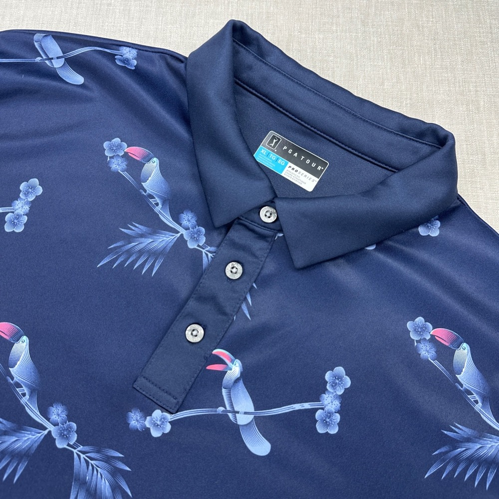 PGA Tour Polo Mens XL Blue Toucan Tropical Floral Print Pro Series Athletic Fit